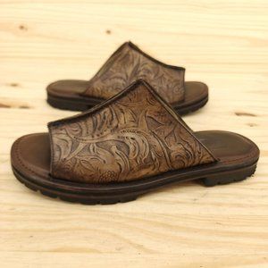 Cole Haan Women's Sandals Slides Sz 8 Brown Leather Paisley Western Flats Shoes